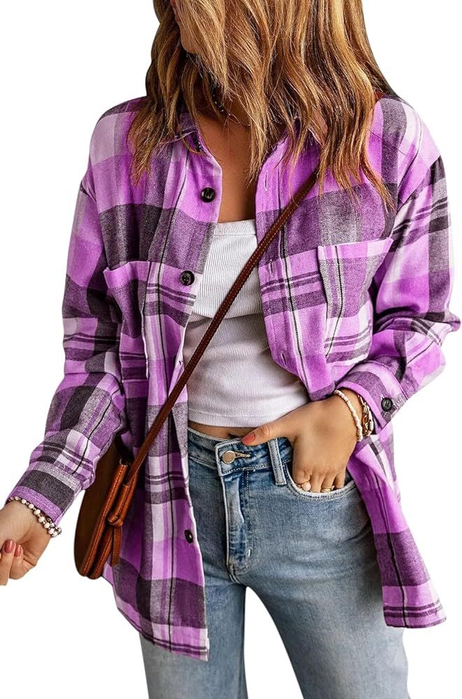 KINLONSAIR Womens Casual Flannel Plaid Shirts Oversized Lightweight Fall Shirt Coat Long Sleeve B... | Amazon (US)