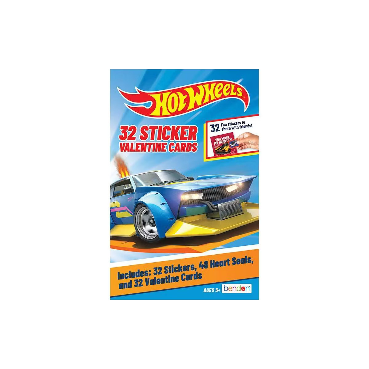 Bendon 32ct Mattel Hot Wheels Deluxe Stickers and Valentine's Day Cards with 48ct Heart Seals | Target