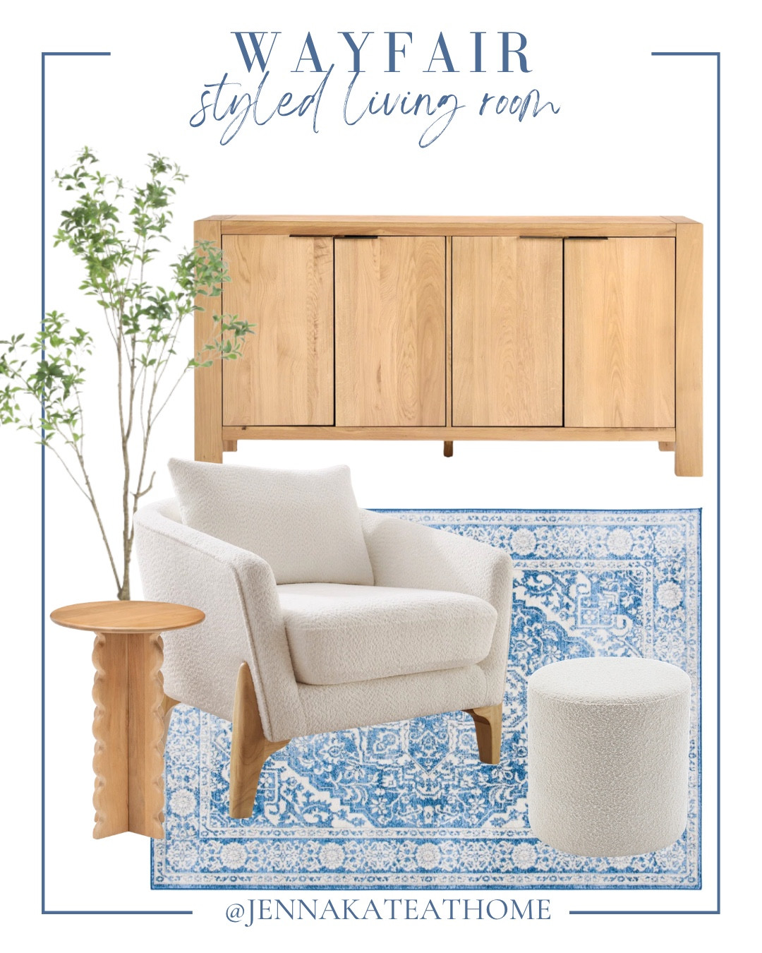 Styled living room from Wayfair includes area rug, ottoman, accent chair, side table, faux tree, and buffet.

Home decor, looks for less, styled home, coastal home

#LTKvlog #LTKSeasonal #LTKHome