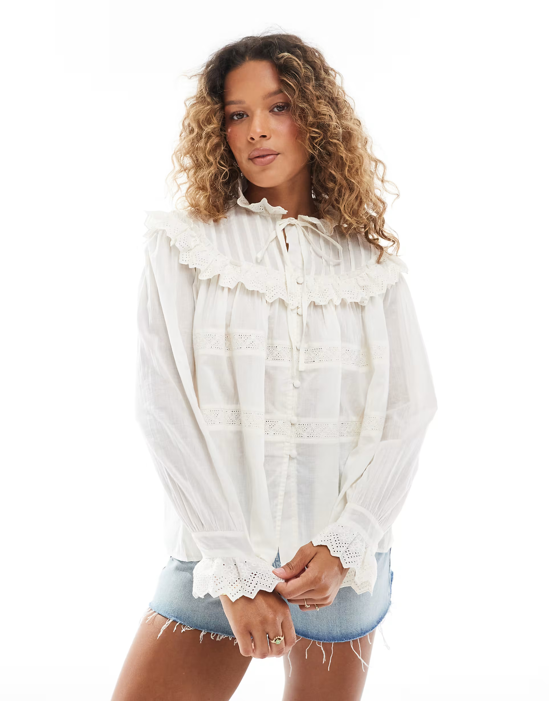 ASOS DESIGN broderie frill detail shirt with lace inserts in cream | ASOS (Global)