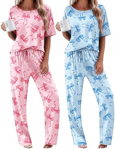 Ekouaer 2 Pack Womens Pajama Sets Short Sleeve Tops and Long Pants Casual Comfy Pjs Lounge Set wi... | Amazon (US)