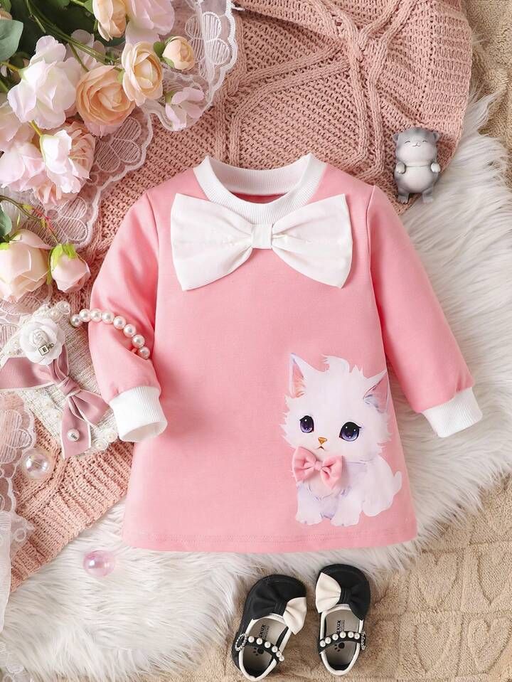 Baby Girls' Lovely Cat Print Bowknot Decor Elegant Dress | SHEIN