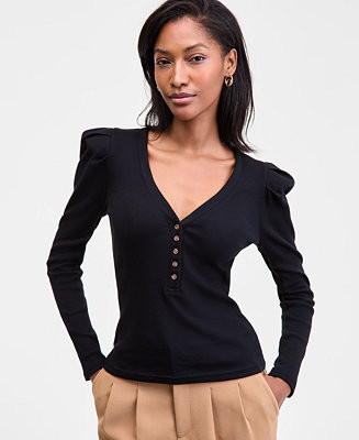Women's Puff-Shoulder Long-Sleeve Henley T-Shirt, Macy's Exclusive | Macy's
