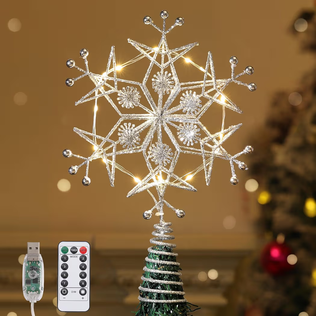 Lewondr Christmas Tree Topper, Metal Frame Snowflake Christmas Tree Topper with 15 Light Beads, U... | Amazon (US)