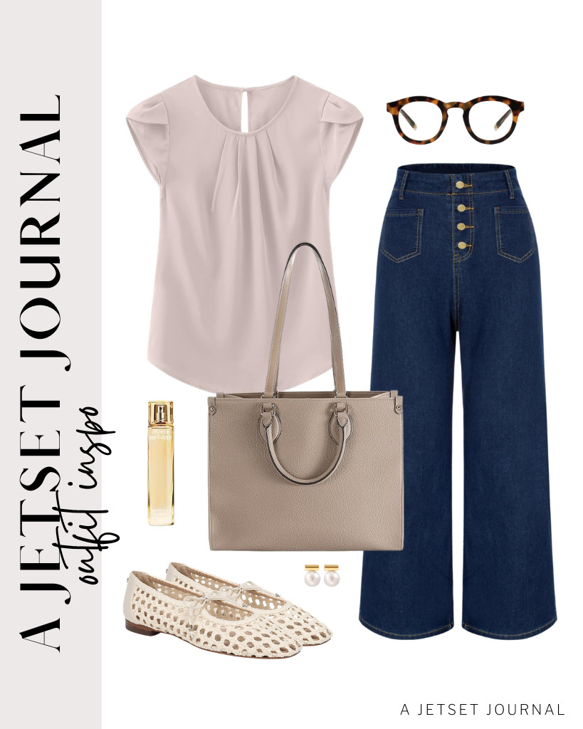 You can pair this TASAMO round-neck pleated top with Belle Poque flare jeans for your first outfit. This outfit is perfect with Sam Edelman Mary Jane flats and this tote bag. Finish the look with Peepers blue-light blocking glasses.

#LTKSeasonal #LTKSaleAlert #LTKTravel
 

 