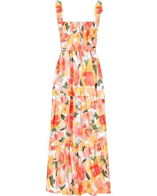 kinstell Women's Summer Boho Spaghetti Strap Square Neck Ruffle Casual Flowy Long Dress Beach Swi... | Amazon (US)