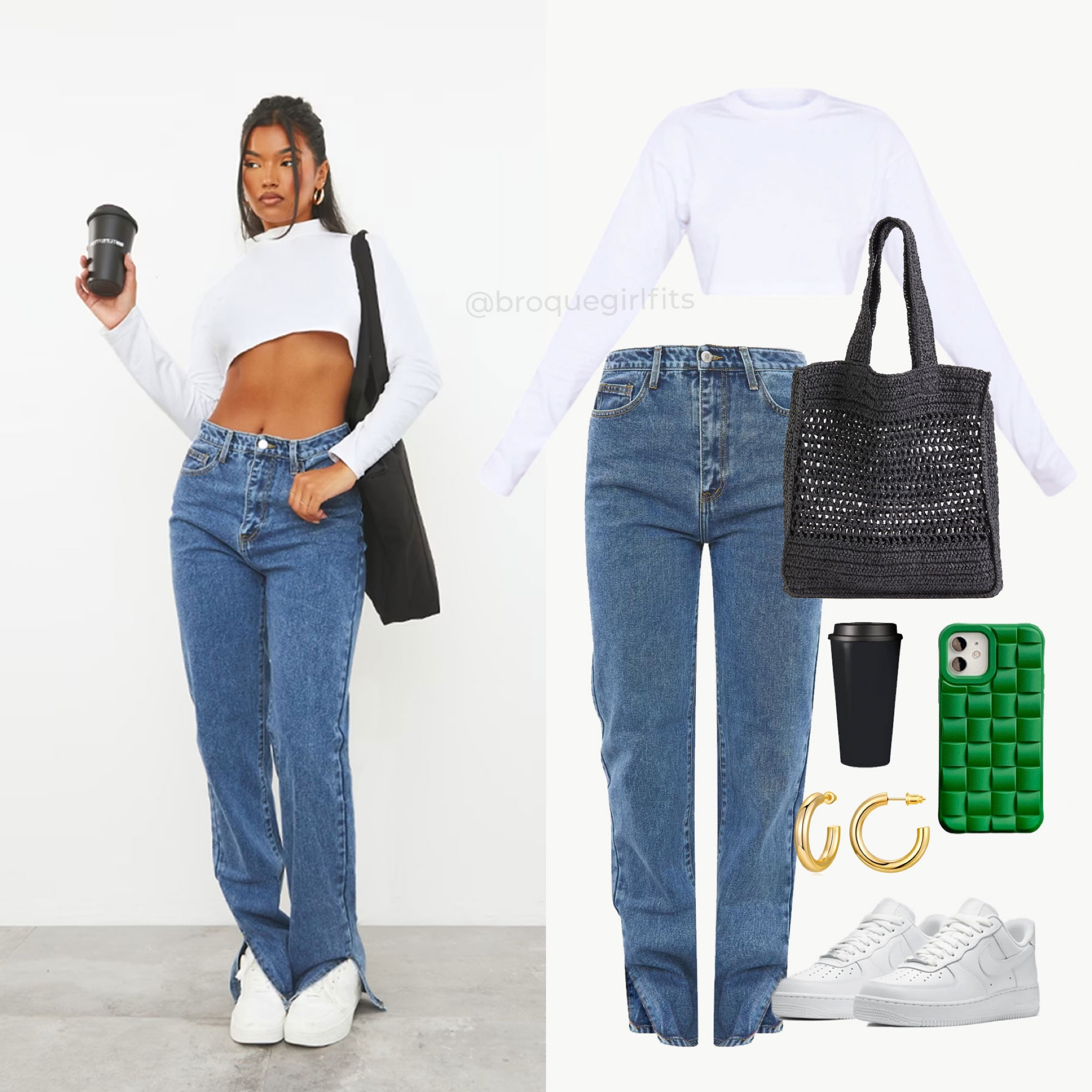 The cutest outfit inspo from prettylittlething white tee blue jeans black tote green phone case air force 1 #casualfit #jeans #fitfinds

#LTKunder100 #LTKstyletip #LTKfit
