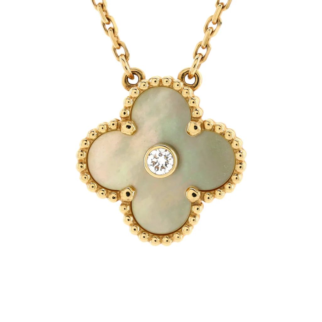 Vintage Alhambra Pendant Necklace 18K Yellow Gold and Gold Mother of Pearl with Diamond | Rebag