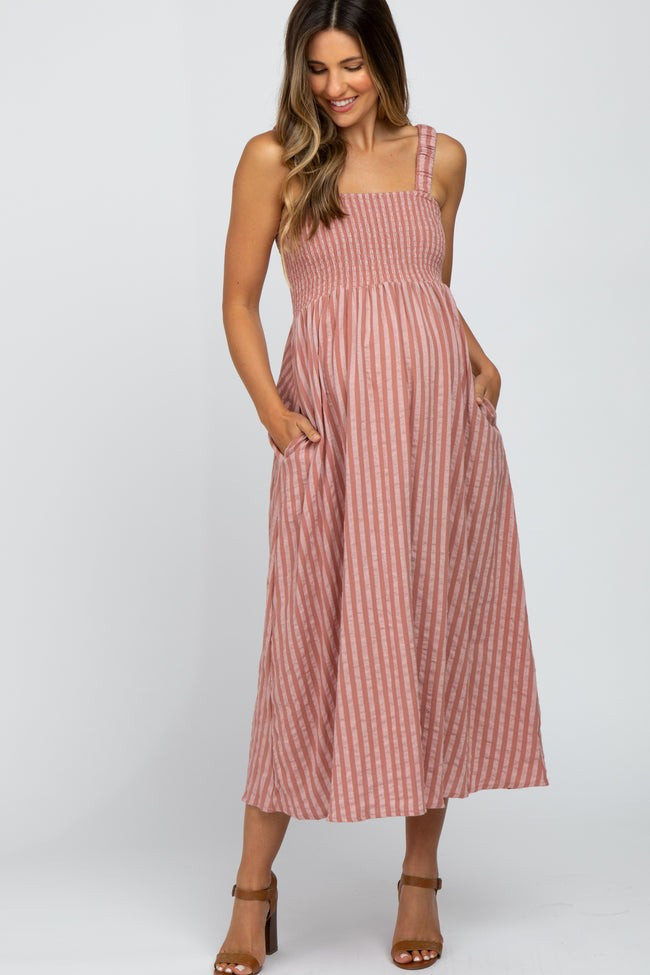 Mauve Striped Smoked Maternity Midi Dress | PinkBlush Maternity