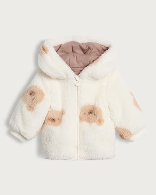 F&F Baby Textured Bear Print Hooded Jacket in White | Tesco F&F