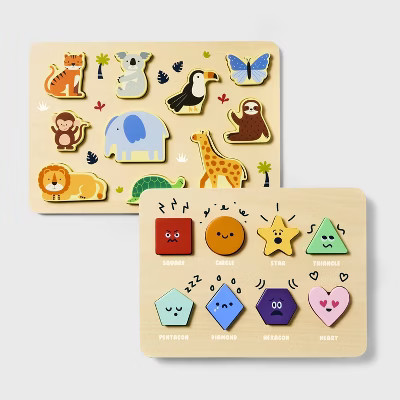 Wooden Shapes & Animals Puzzles - 2pc - Gigglescape™: Educational Toddler Puzzle Set, Fine Moto... | Target