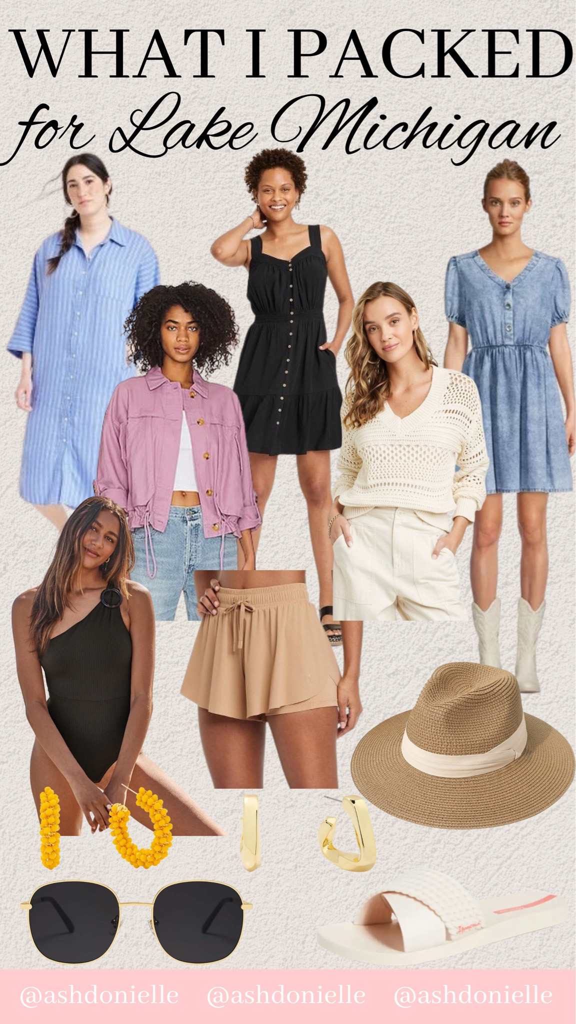 What I packed for Lake Michigan!

Mini dress, summer dress, jacket, crochet sweater, one shoulder swimsuit, straw hat, shorts, sandals, earrings

#LTKSeasonal #LTKstyletip #LTKfit