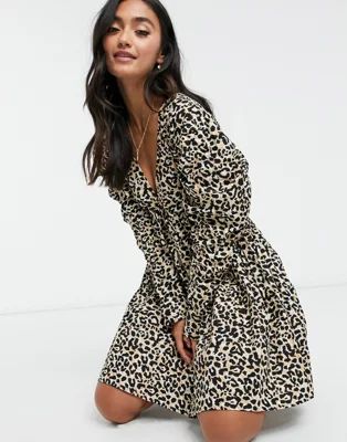 ASOS DESIGN cotton babydoll mini dress in leopard print | ASOS (Global)