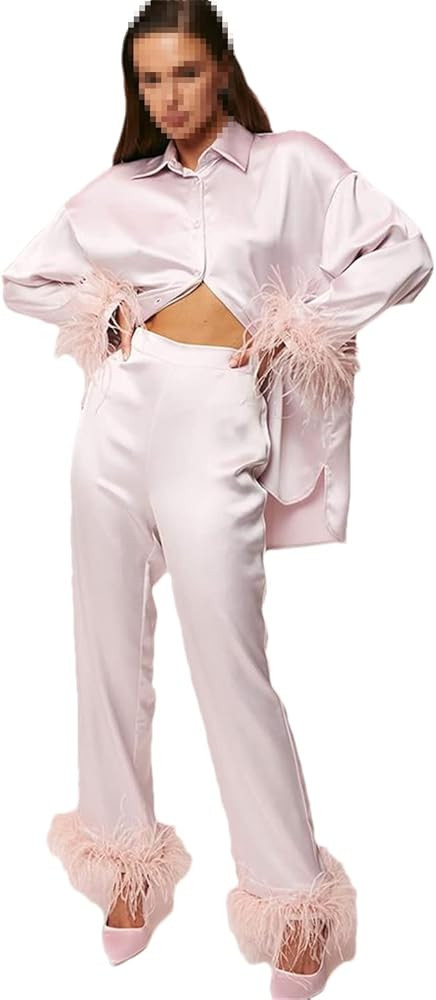 Satin Feather Shirts 2 Piece Set Women Casual Shirts Sets Female Loose Wide Leg Pant Suit | Amazon (US)