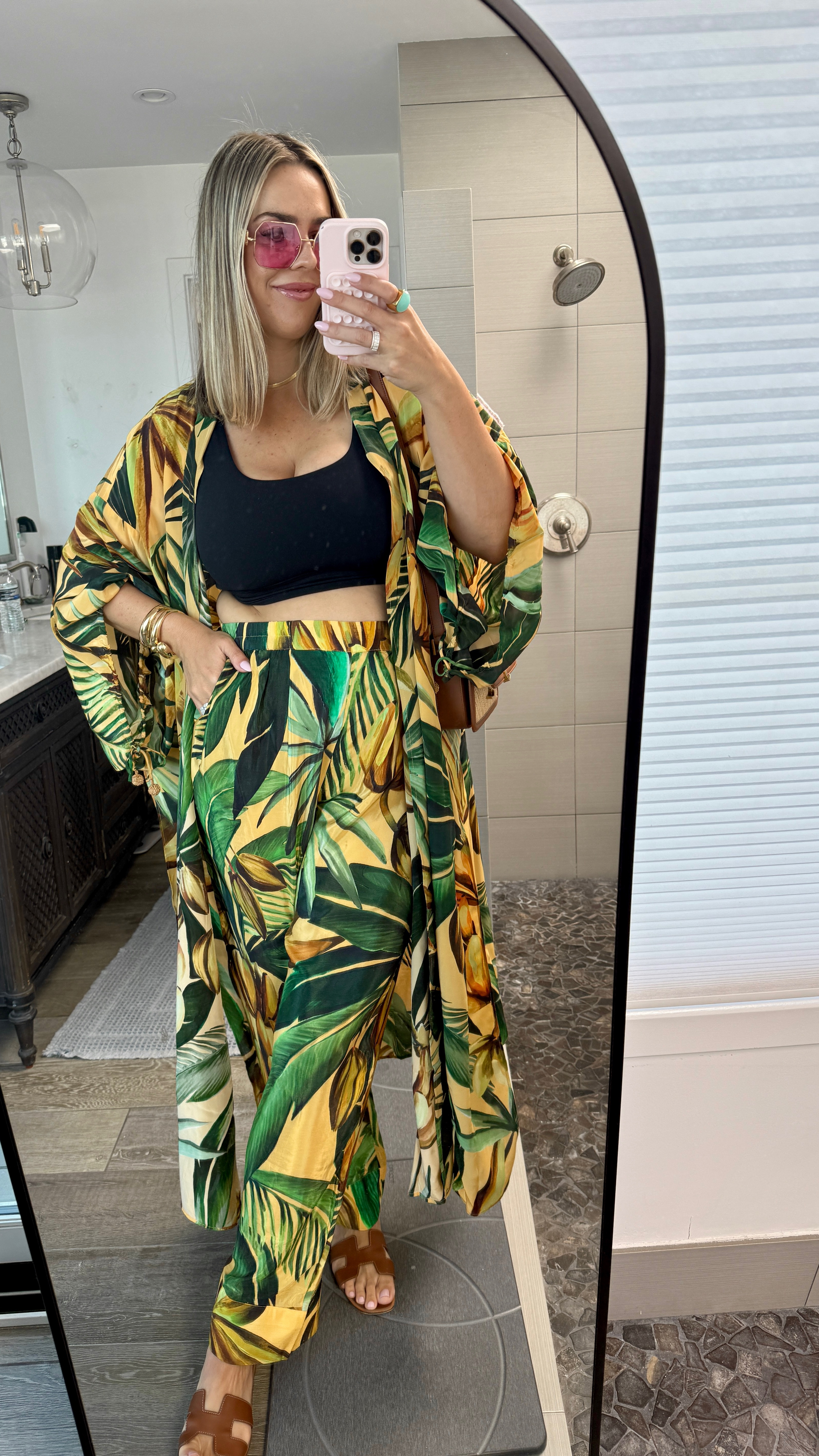 Total resort wear vibes! Wore this for our first day in Palm Springs🌴🌴

Banana 🍌 Set is Farm Rio, glasses Versace, bag YSL, shoes are from Greece.

Linked similar glasses, shoes, and bag from Amazon!

Sizing:
Kimono in L
Pants in XL

#LTKStyleTip #LTKSummerEdit #LTKTravel