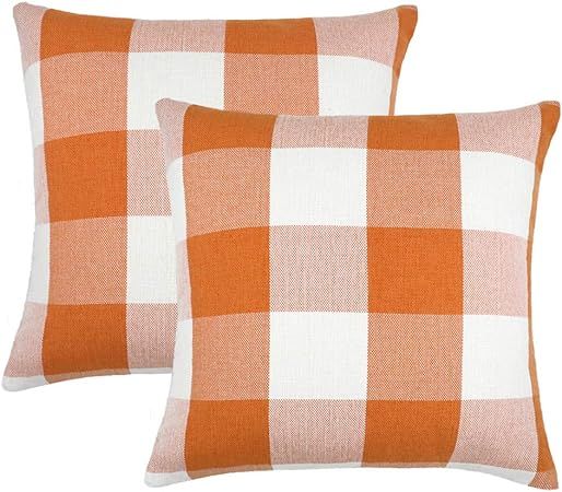 4TH Emotion Set of 2 Farmhouse Buffalo Check Plaid Throw Pillow Covers Cushion Case Cotton Linen ... | Amazon (US)