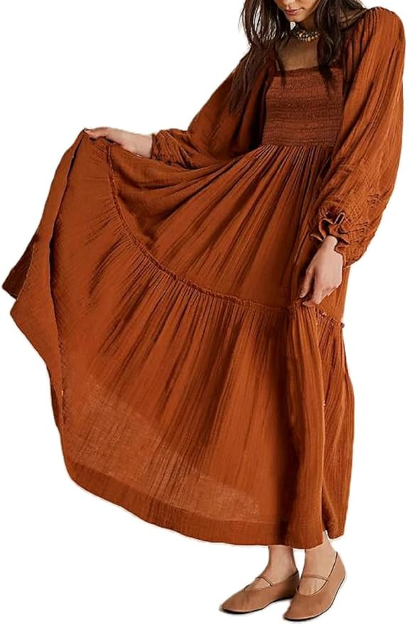 Argeousgor Women 2023 Bohemian Floral Dress Square Neck Ruffle Swing A Line Maxi Dress Long Sleev... | Amazon (US)