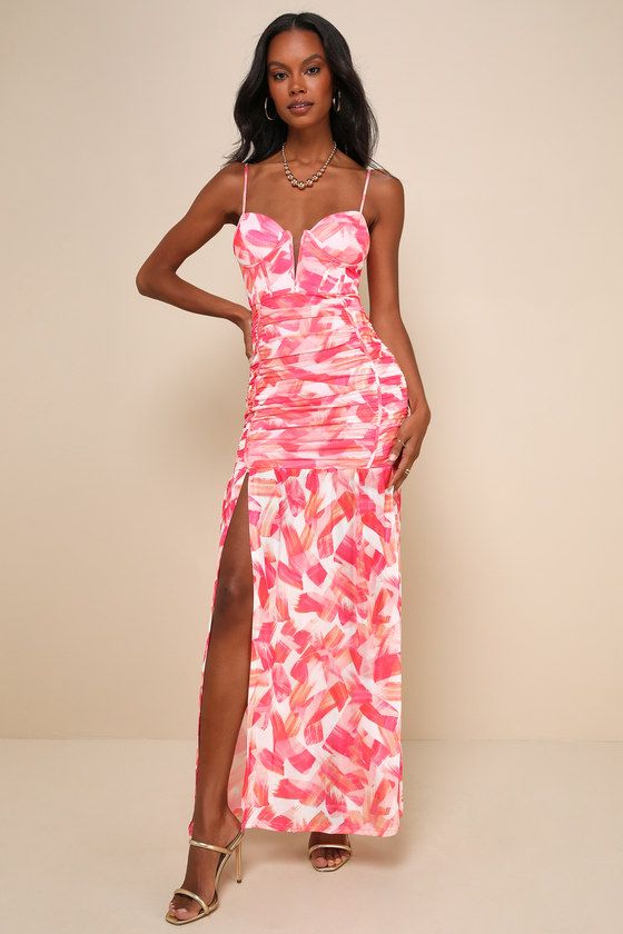 Pink Multi Print Ruched Bustier Mermaid Maxi Dress | Pink Wedding Guest Dress | Lulus