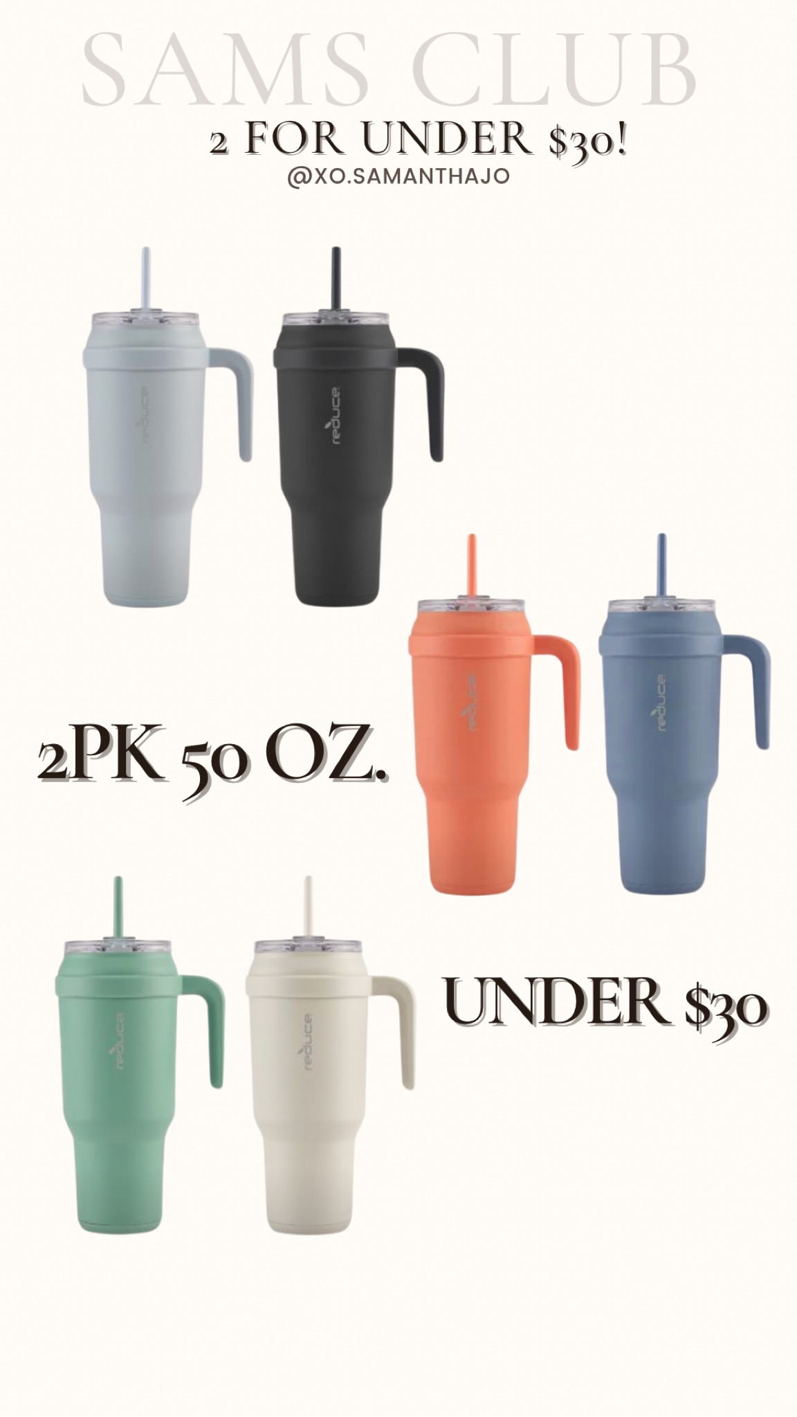 Reduce Cold1 Soft Grip Tumbler With Handle & Straw, Assorted Colors (50 oz.,2pk)