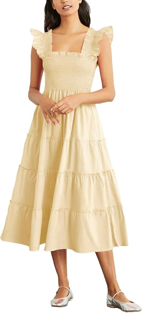Rooscier Women's Square Neck Smocked Ruffle Sleeveless Sundress Tiered A Line Midi Dress | Amazon (US)