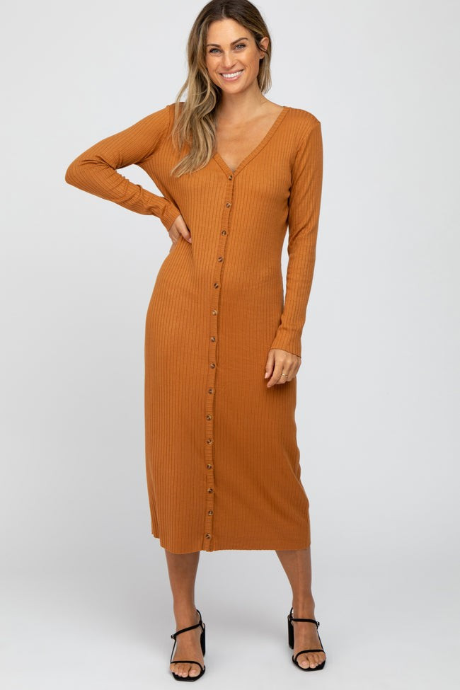 Rust Ribbed Button Front Midi Cardigan Dress | PinkBlush Maternity
