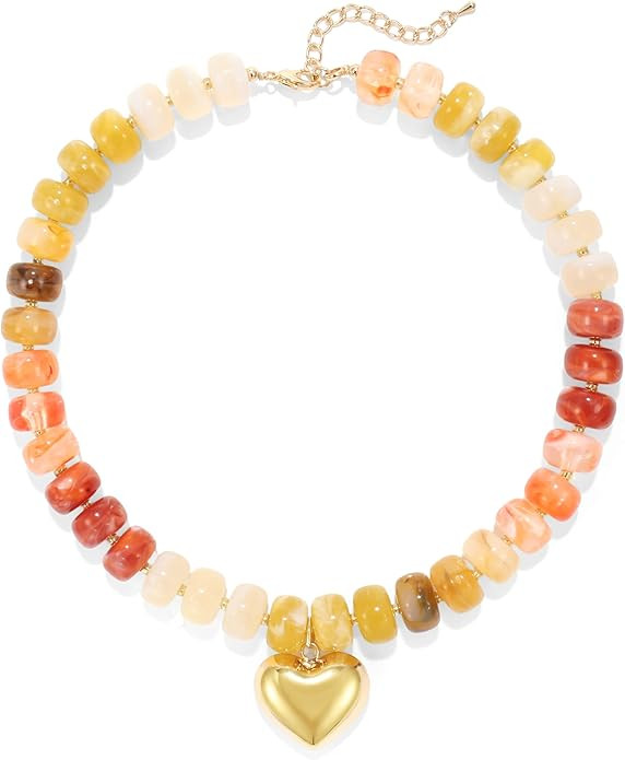 Colourful Chunky Beaded Necklace for Women, Colorful Acrylic Bead Statement Puff Heart Pendant Ne... | Amazon (US)