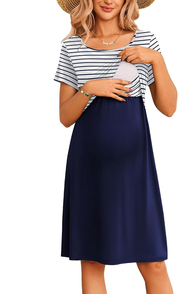 Ekouaer Women's Nursing Dress Summer Short Sleeve Patchwork Maternity Breastfeeding Knee Length D... | Amazon (US)