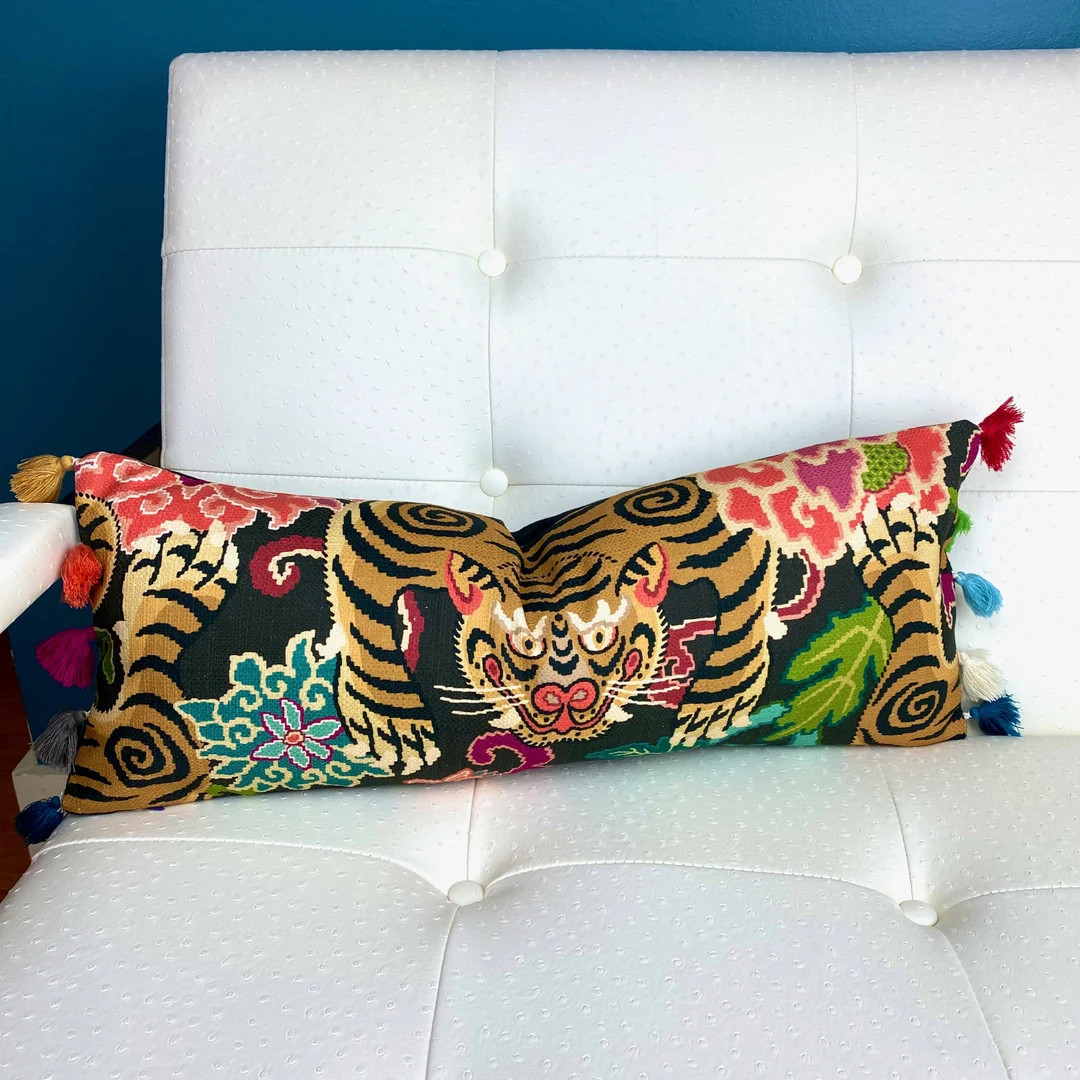 Tiger Pillow Cover - Chinoiserie Pillow Cover - Animal Print - Lumbar Pillow - Colorful Pillow - ... | Etsy (US)