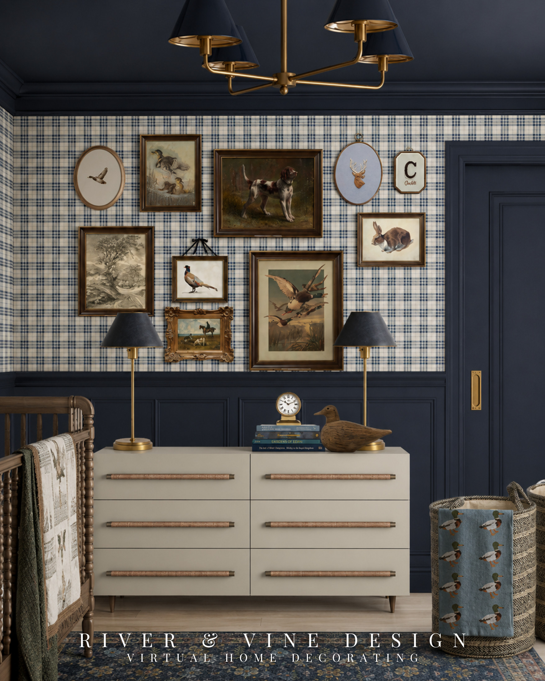The easiest way to make a themed room feel collected—not overly coordinated—is to vary the artwork.

Instead of filling this gallery wall with matching prints, I mixed different frame shapes, subjects, scales and art styles within one hunting-inspired story. The navy picture-frame molding grounds the arrangement, while the simple dresser keeps the wall from feeling visually heavy.

Which detail would you choose first: the gallery wall, plaid wallpaper or navy color-drenched trim?

Traditional nursery decor, eclectic gallery wall, vintage sporting art, hunting-themed bedroom, plaid wallcovering, navy millwork, dresser styling, classic boy’s room, collected interiors.

Affiliate links may earn me a commission at no additional cost to you. 

 #LTKHome #LTKKids