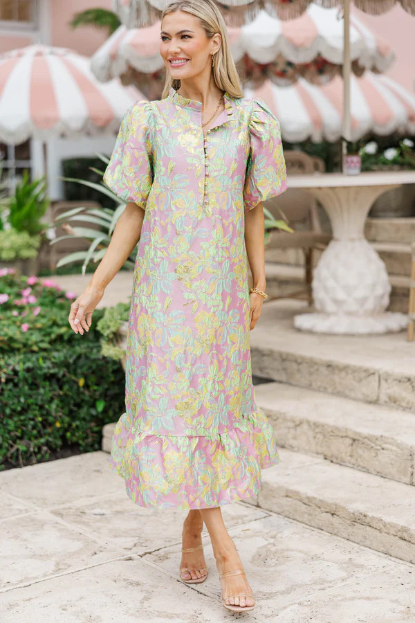See The Light Pink Brocade Midi Dress | The Mint Julep Boutique