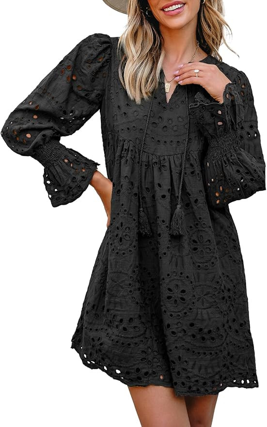 Dokotoo Womens 2026 Boho Dress Tassel V Neck Long Sleeve A Line Casual Hollow Out Lace Ruffle Par... | Amazon (US)