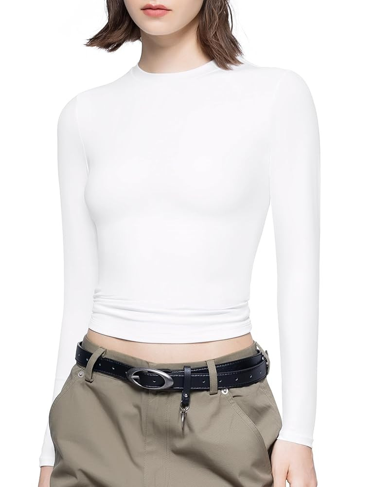 PUMIEY Women's Long Sleeve T Shirts Crew Neck Slim Fit Tops Sexy Basic Tee Smoke Cloud Pro Collec... | Amazon (US)