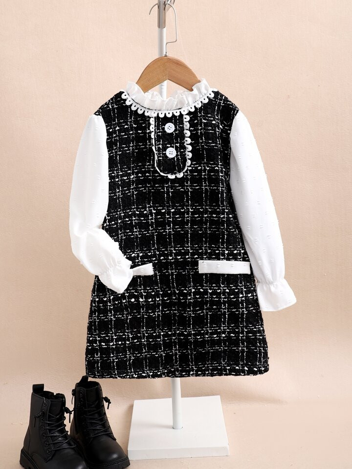 SHEIN Young Girl Plaid Pattern Frilled Neck Flounce Sleeve Dress | SHEIN