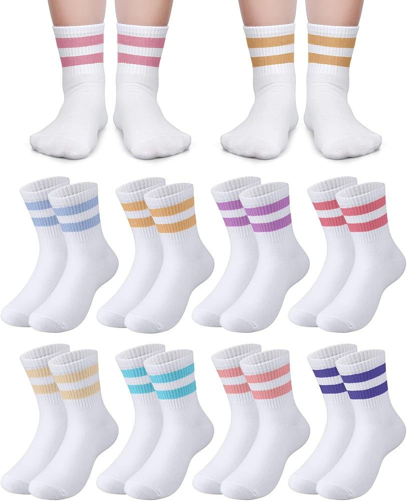 8 Pairs Kids Stripe Socks Cotton Crew Socks Colorful Retro Stripe Athletic Socks for School Kids | Amazon (US)