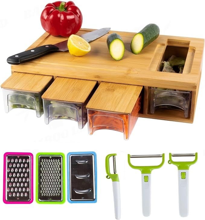 Bamboo Land- Large Bamboo Cutting Board with Containers & Vegetable Peeler Set, Food Prep Station... | Amazon (US)
