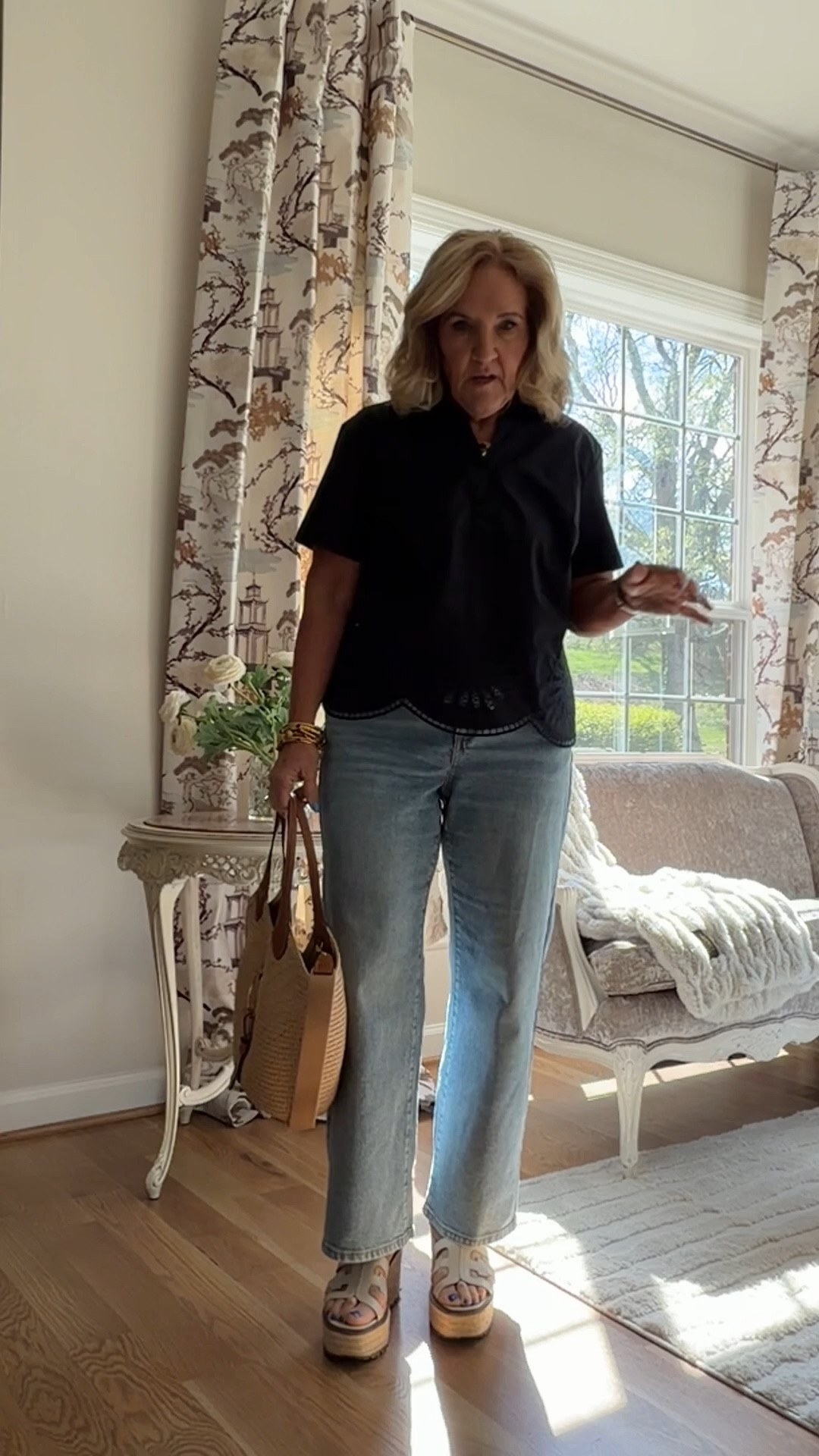 Top size medium petite
Jeans size 8 petite 
Bag 10% off with code NANETTE yes it’s a splurge but amazing quality summer bag. 
Linking similar sandals that I found at the rack
Black and gold jewelry by Julie Vos 

#LTKOver40 #LTKSaleAlert #LTKPetite