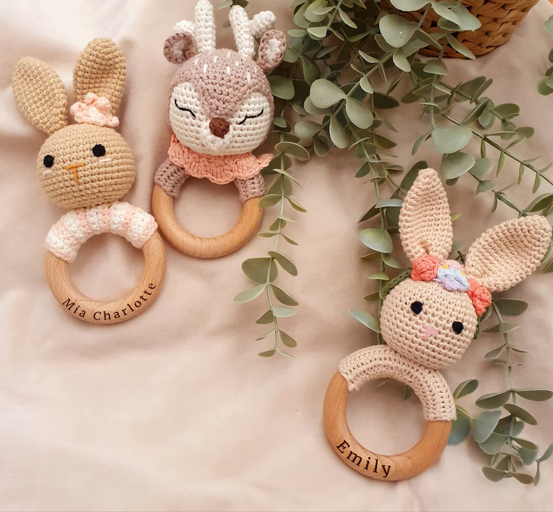 Crochet baby rattle with grip ring made of beech wood | Etsy (US)