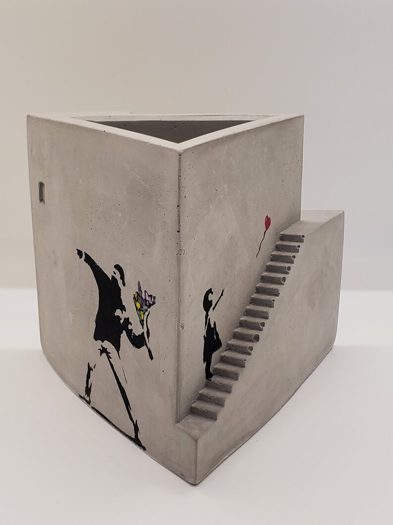 Banksy Themed Triangular Staircase Concrete Pen Holder and Planter - Etsy | Etsy (US)