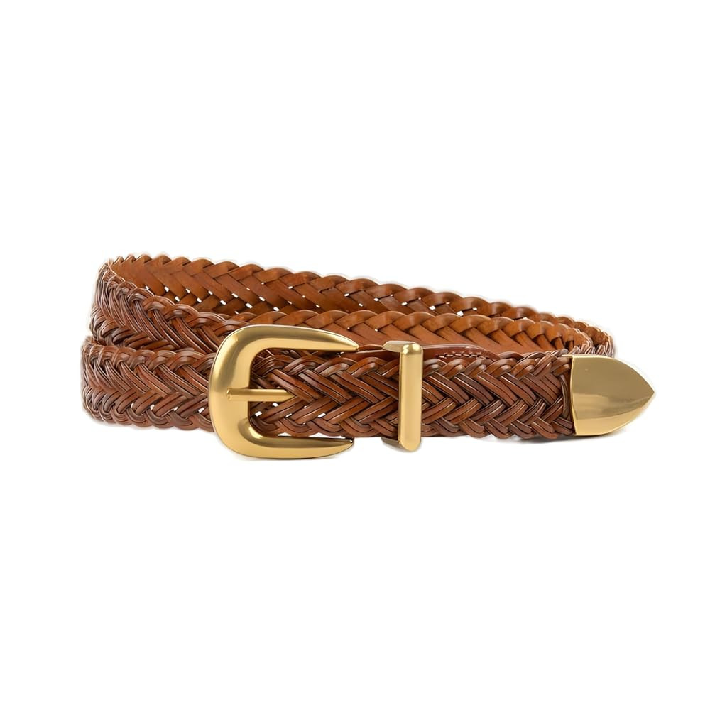 Women's Braid Leather Belt,Skinny Woven Waist Belt with Gold Buckle,Dress and Jeans Belt | Amazon (US)