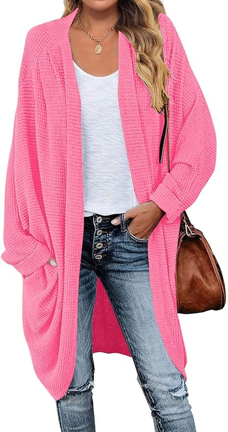 MEROKEETY Women's Waffle Knit Batwing Long Sleeve Cardigan Loose Open Front Sweater Coat | Amazon (US)