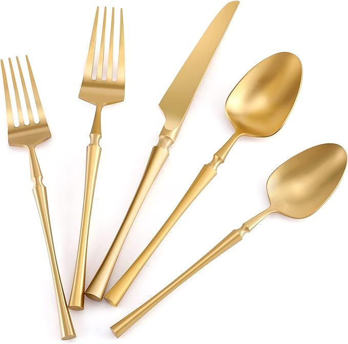JINTUO Silverware Set Stain Flatware Set Matte Gold Stainless Steel Cutlery Set with 20 Pieces Vi... | Amazon (US)