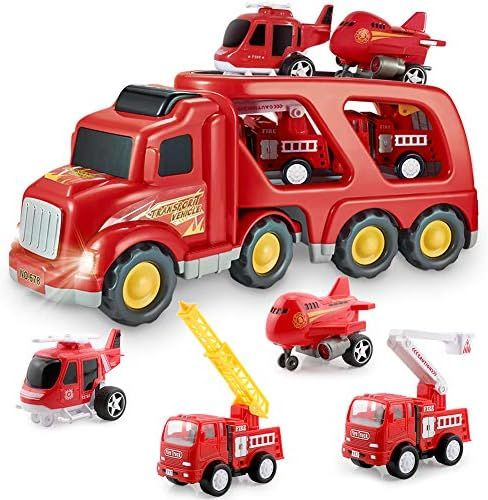 Fire Truck Car Toys Set, Friction Powered Car Carrier Trailer with Sound and Light, Play Vehicle ... | Amazon (US)