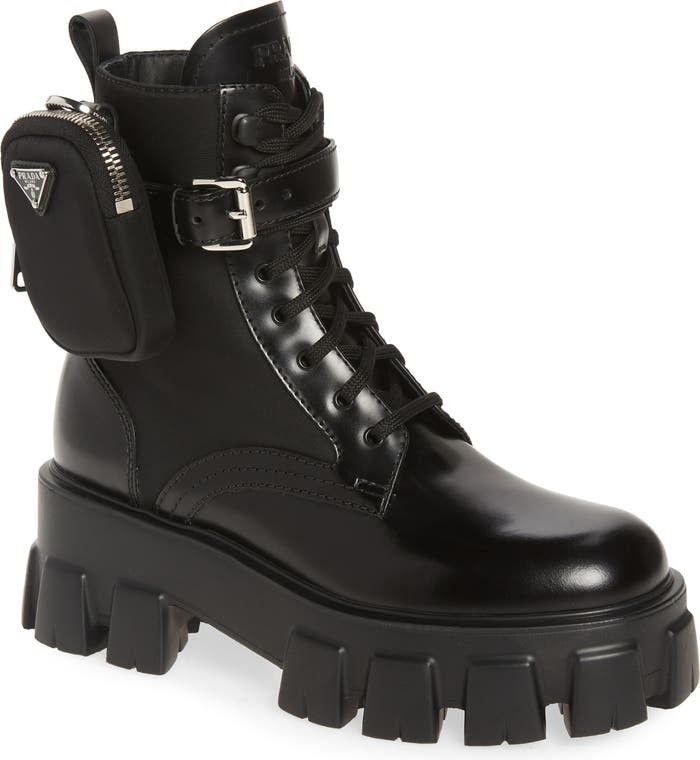Prada Monolith Mini Bag Lug Sole Combat Boot Black Shoes Black Boots Black Booties Spring Outfits  | Nordstrom
