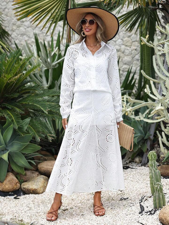 SHEIN VCAY Women Leisure Holiday Style Monochromatic Schiffy Blouse And Skirt 2-Piece Set | SHEIN