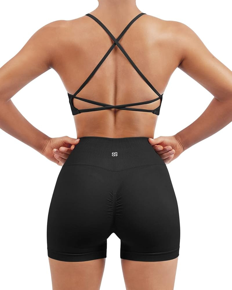 SUUKSESS Women Seamless Workout Sets Strappy Sports Bra High Waist Booty Shorts Outfits | Amazon (US)