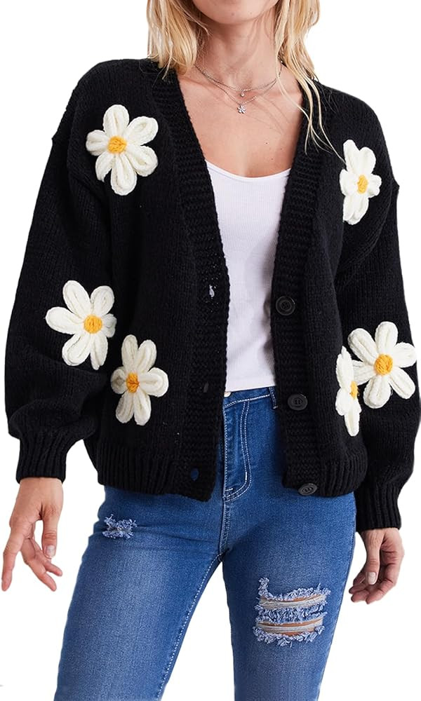 Y2k Sweater Cardigan for Women, Long Sleeve V-Neck Button Crochet Flower Knit Womens Clothes. | Amazon (US)