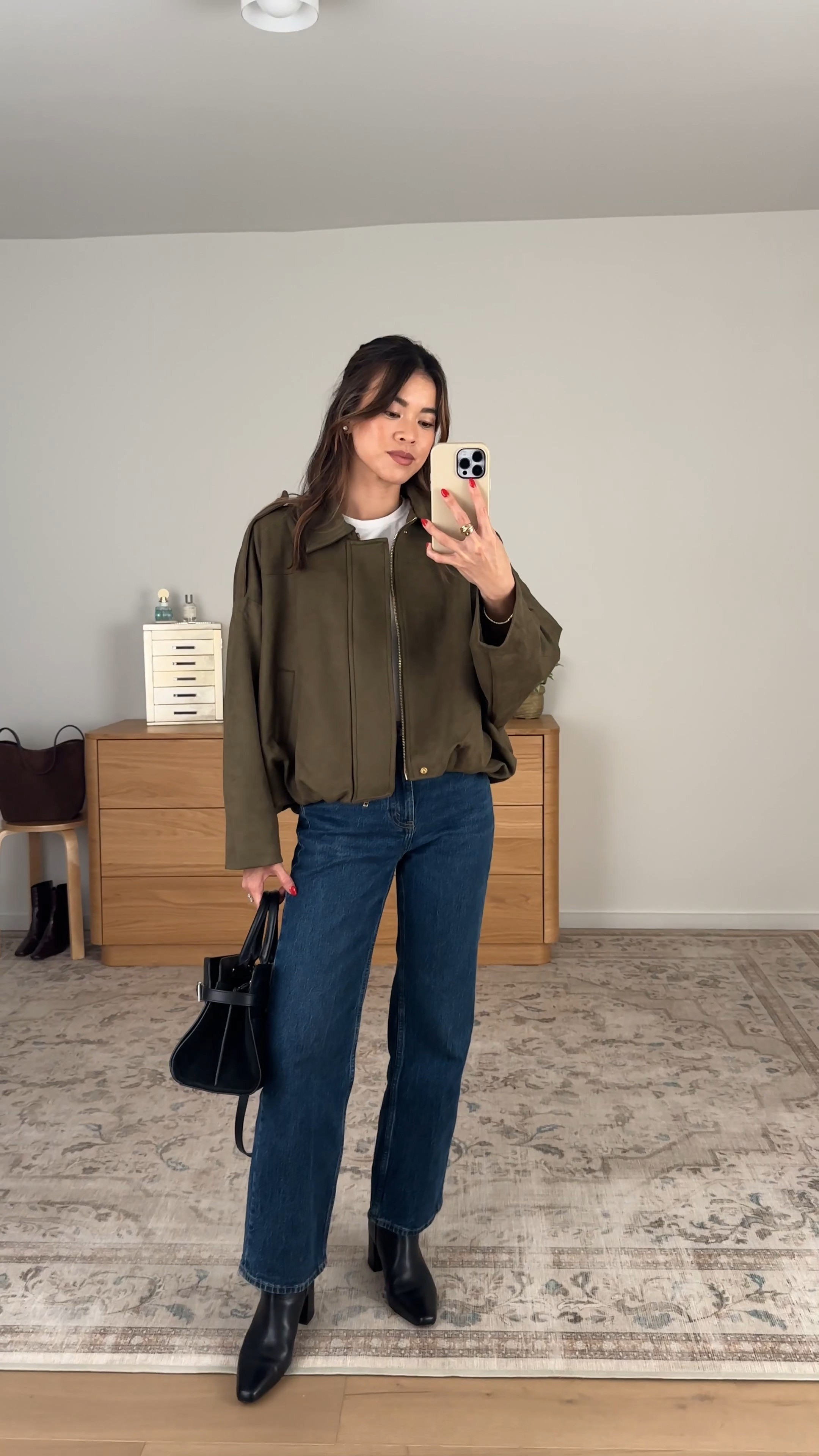 I’m obsessed with this jacket for fall! 

Sizing info: 
-Amazon Womens Faux Suede Bomber Jacket Oversized Long Sleeve Cropped Coat (Size XS in Green) 
-Aritzia Home Stretch Tee (Size XS in White) 
-Abercrombie High Rise 90s Relaxed Jeans (Size 23 Extra short in Dark Wash) 

Amazon jacket, affordable fall jacket, fall jacket, suede jacket, bomber jacket, green jacket, fall coat, Aritzia jacket dupe, petite fashion, get dressed with me, outfit inspiration, ootd, nashville outfit, Nashville influencer, petite style, vacation style, casual outfits, mom style, petite pants, fall outfits, fall outfit info, fall pants, fall outfit idea, fall top, fall sweater, fall shoes, fall denim, fall boots, ankle boots

#LTKootd #LTKSeasonal #LTKPetite