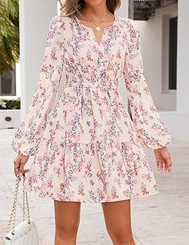 MEROKEETY Fall Wedding Guest Dresses for Women Long Sleeve Floral Casual Lightweight Flowy Swing ... | Amazon (US)