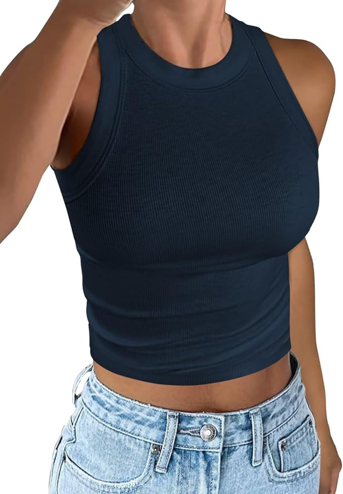Women's Crewneck Racerback Ribbed Tank Tops Summer Basic High Neck Sleeveless Slim Fit Crop Tops ... | Amazon (US)