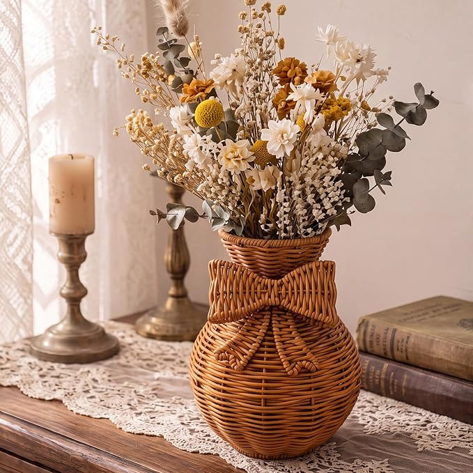 Rattan Weave Vase Pastoral Boho Rattan Weave Vase with Bow Country Rustic Flower Pampas Grass Arr... | Amazon (US)
